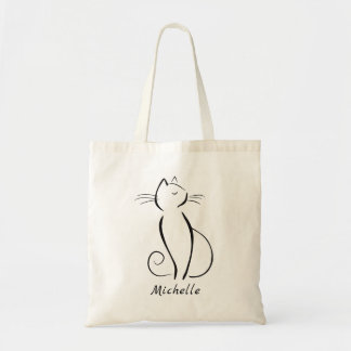 Minimale zwarte kat op witte add-naam tote bag