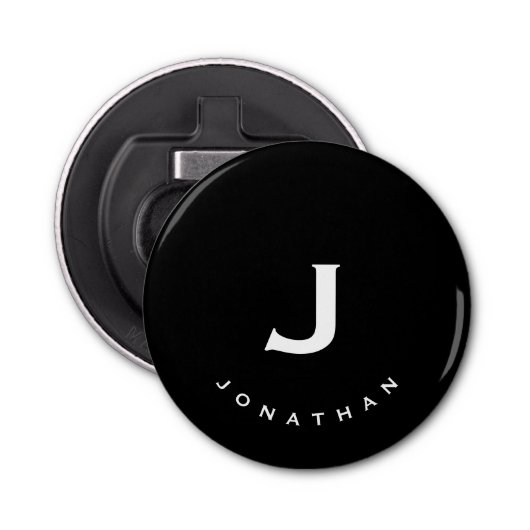 Minimale zwarte klassieke monogram button flesopener (Voorkant)