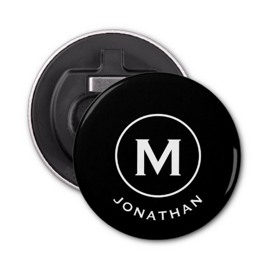 Minimale zwarte klassieke monogram button flesopener (Voorkant)