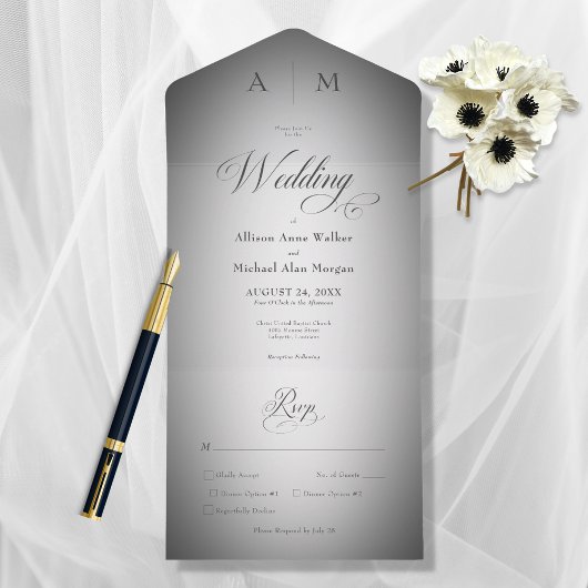 Minimale zwarte & witte blauwdruk Moderne inname All In One Uitnodiging