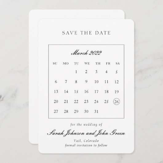 Minimaliseer de kalender van de Datum opslaan Save The Date (Voorkant / Achterkant)