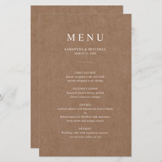 Minimaliserende Rustic Wedding-menukaart (Voorkant / Achterkant)