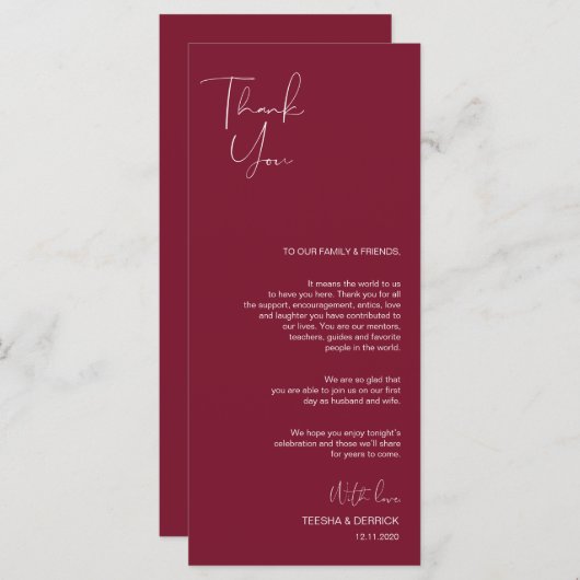 Minimalisme Burgundy Script Place setting Dankuwel Programma (Voorkant / Achterkant)