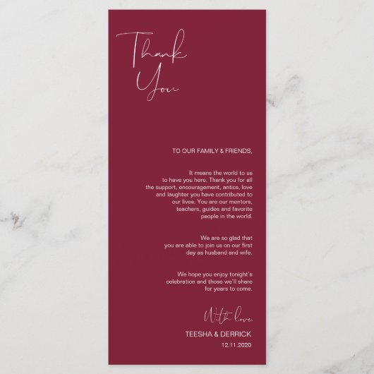 Minimalisme Burgundy Script Place setting Dankuwel Programma (Voorkant)