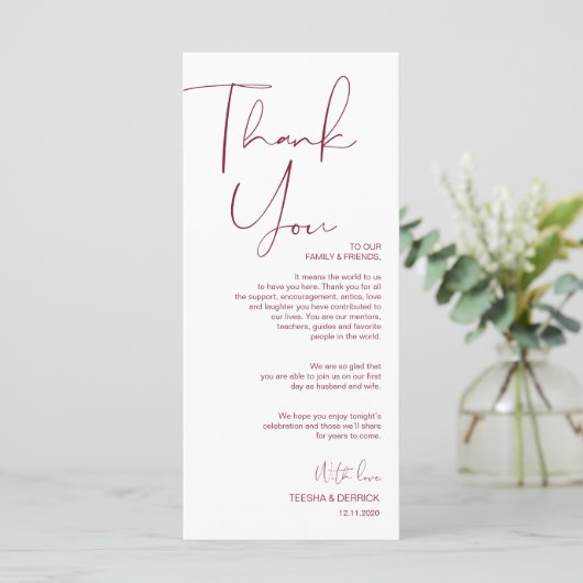 Minimalisme Burgundy Script Place setting Dankuwel Programma (Staand voorkant)