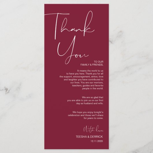 Minimalisme Burgundy Script Place setting Dankuwel Programma (Voorkant)