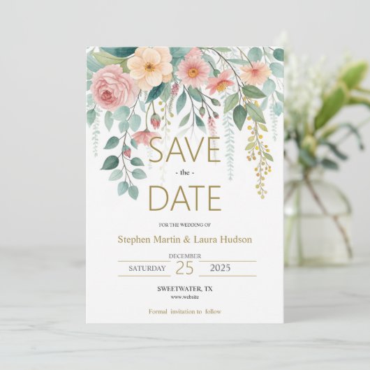 Minimalisme en bloemen Save The Date Uitnodiging (Staand voorkant)