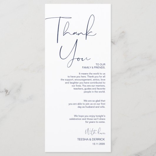 Minimalisme Marine Script Place setting Dank u Programma (Voorkant)