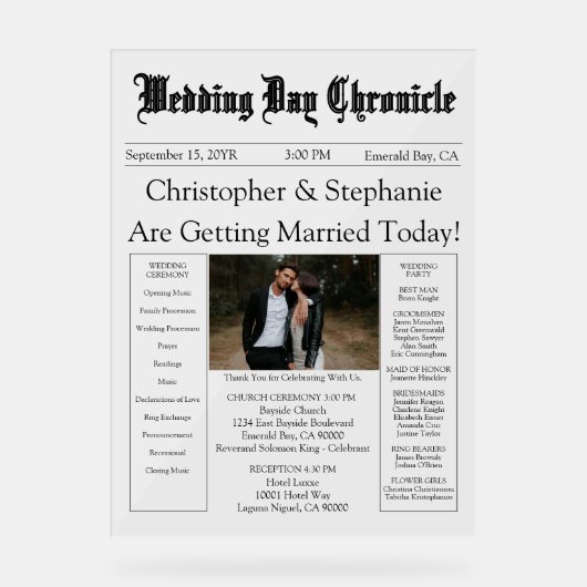 Minimalist 1 Photo Elegant Script Wedding Program Acryl Bord (Voorkant)