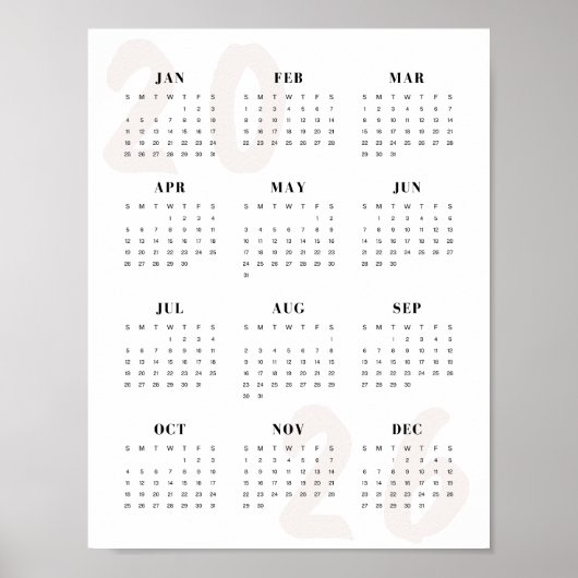Minimalist 2026 One-Page Calendar Clean Modern  Poster (Voorkant)