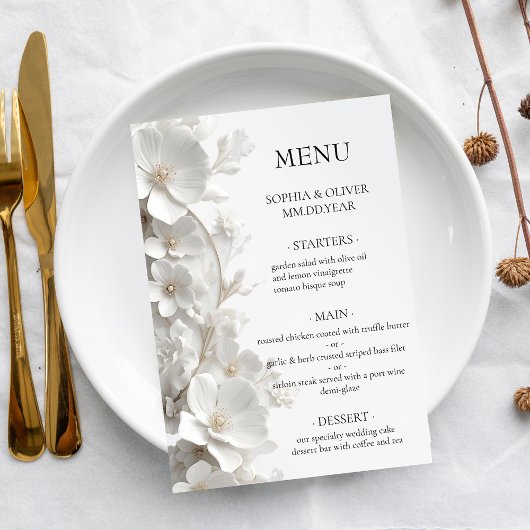 Minimalist 3D White Floral  Luxury Elegant Wedding Menu