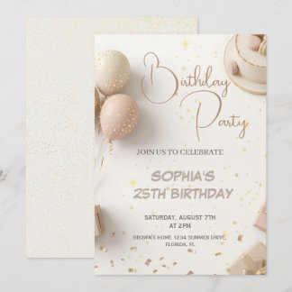 Minimalist Beige & Gold Birthday Party Design  Kaart