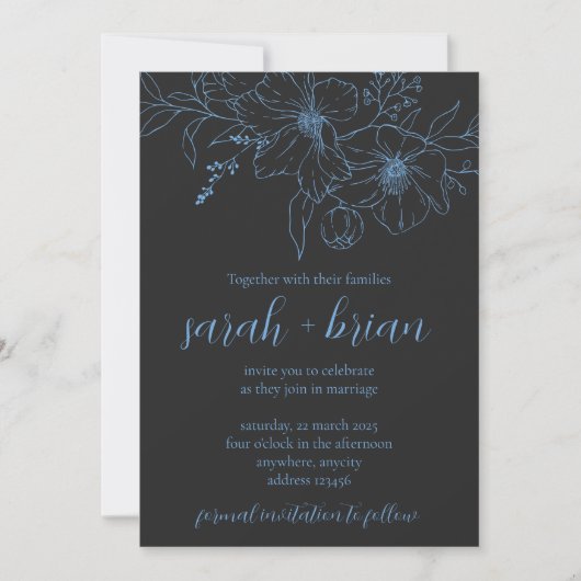 Minimalist Black and Blue Wedding Invitation Card (Devant)