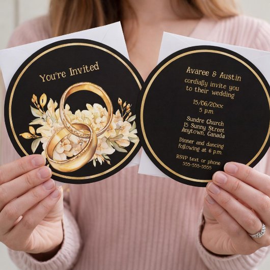 Minimalist Black and Gold Wedding Rings Invitation