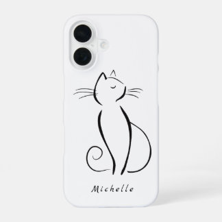 Minimalist Black Cat On White Add Name iPhone 16 Hoesje