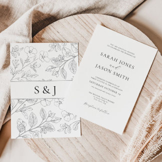 Minimalist Black Floral Wedding Invitation Kaart