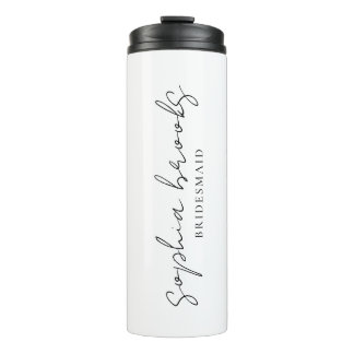 Minimalist Black Script Bridesmaid Wedding Favor Thermosbeker