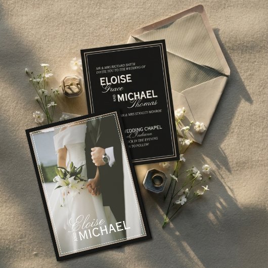 Minimalist Black Tie Formal Photo Wedding Kaart
