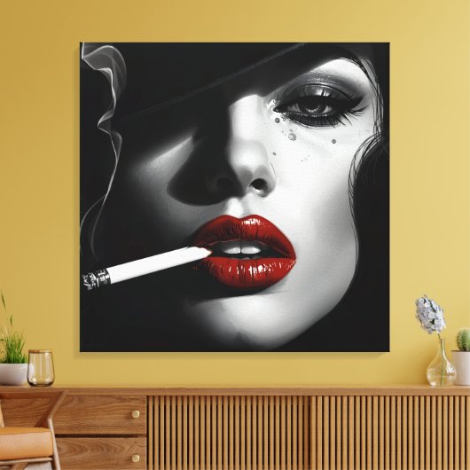 Minimalist Black & White Woman with cigarette Canvas Afdruk (Insitu (Woonkamer))