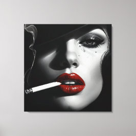 Minimalist Black & White Woman with cigarette Canvas Afdruk