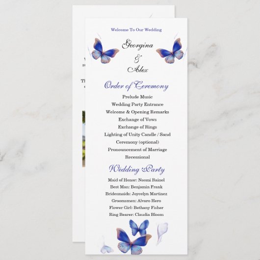 Minimalist Blue Editable Photo Wedding Program Programma (Voorkant / Achterkant)