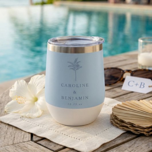 Minimalist Blue Palm Tree Line Art Custom Wedding