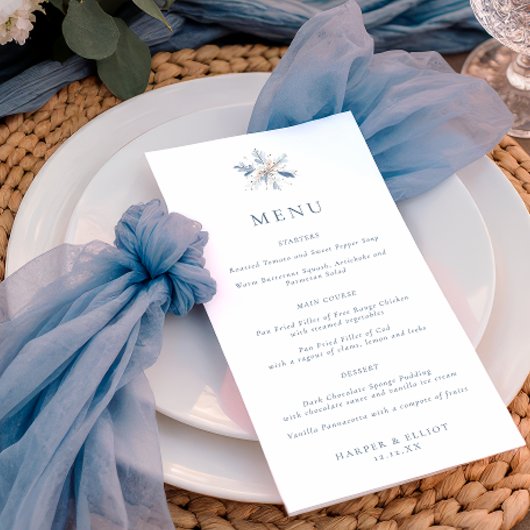 Minimalist Blue Snowflake Winter Wedding Menu