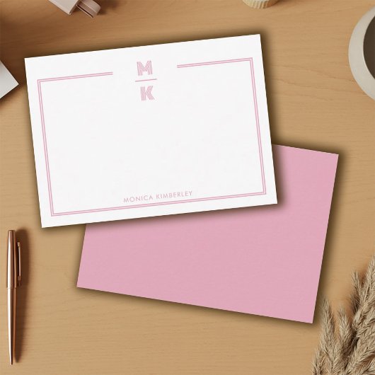 Minimalist Blush Two Border Monogram Note Card Notitiekaartje