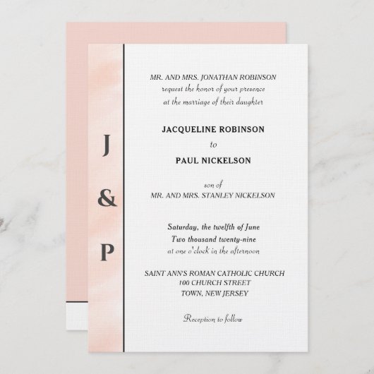 Minimalist Blush Waterverf monogram Kaart (Voorkant / Achterkant)