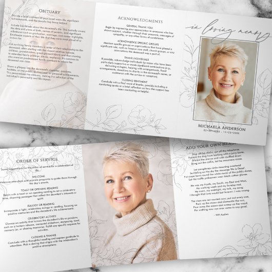 Minimalist Botanical 3-Photo Funeral/Memorial Drieluik Programma