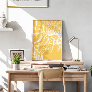 Minimalist Botanical Floral Line Drawing Yellow Poster