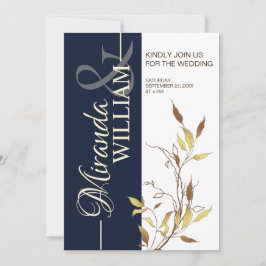 Minimalist Botanical Navy Blue Wedding Invitation Kaart