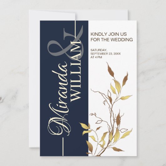 Minimalist Botanical Navy Blue Wedding Invitation Kaart (Voorkant)