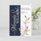 Minimalist Botanical Navy Blue Wedding Invitation Kaart (Staand voorkant)