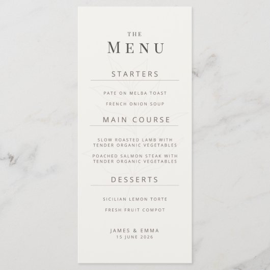 Minimalist Botanical Wedding Menu | Warm White (Voorkant)
