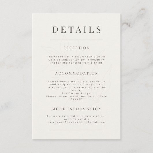 Minimalist Botanical Wedding Warm White Informatiekaartje (Voorkant)