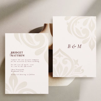 Minimalist Burgundy Cream Classic Damask Wedding Kaart