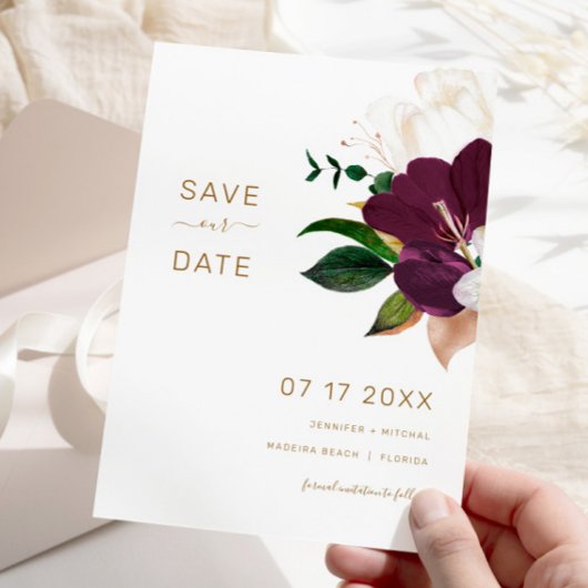 Minimalist Burgundy & Gold SAVE THE DATE Kaart