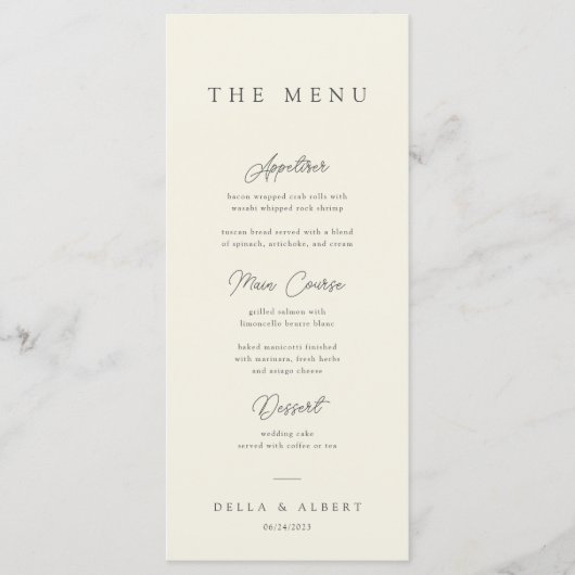 Minimalist Calligraphic Ivory Wedding Menu (Voorkant)