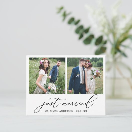 Minimalist Calligraphy 2 Photo Just Married Briefkaart (Staand voorkant)