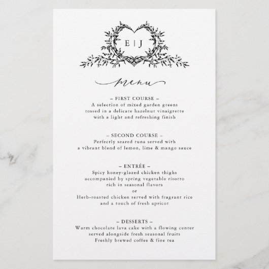 Minimalist Calligraphy Crest monogram Wedding Menu (Devant)