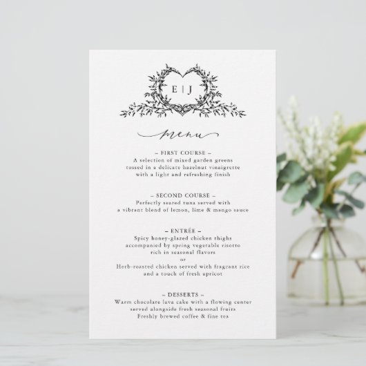 Minimalist Calligraphy Crest monogram Wedding Menu (Staand voorkant)