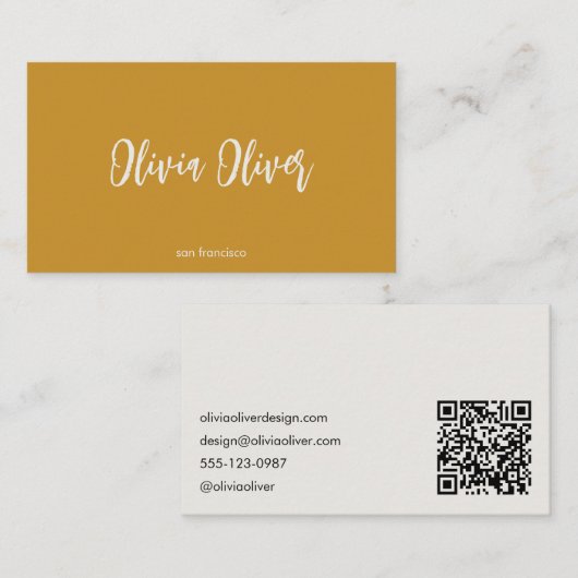 Minimalist Calligraphy Mustard Modern QR Code Visitekaartje (Voorkant / Achterkant)