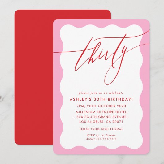 MINIMALIST Calligraphy wave 30th party pink red Kaart (Voorkant / Achterkant)
