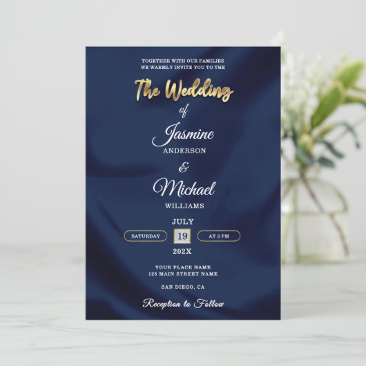Minimalist Chic Navy & Gold Script Wedding Elegant Kaart (Staand voorkant)