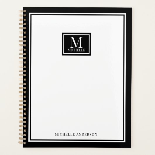Minimalist Chic Two Boarder Monogram Name Black  Planner (Voorkant)