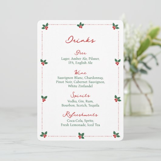 Minimalist Christmas Holly Drink Bar Menu Sign (Debout devant)
