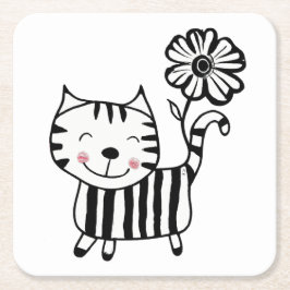 Minimalist Cute Cat with Flower on Tail Decorative Vierkante Kartonnen Onderzetter