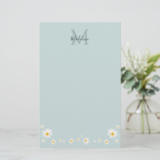 Minimalist Daisy Teal Script Monogram Briefpapier (Staand voorkant)