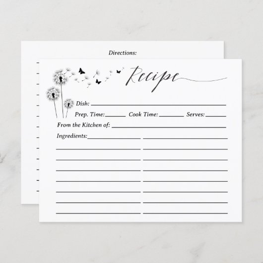 Minimalist Dandelion Flowers Recipe Card (Voorkant / Achterkant)